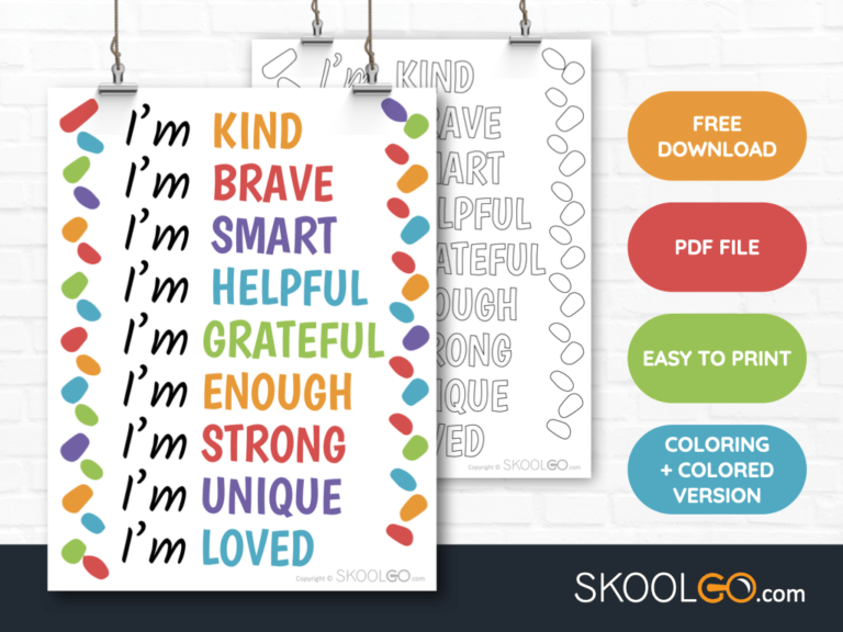 Free Classroom Poster - I Am Kind Brave Smart Helpful Grateful Enough Strong Unique Loved - SkoolGO