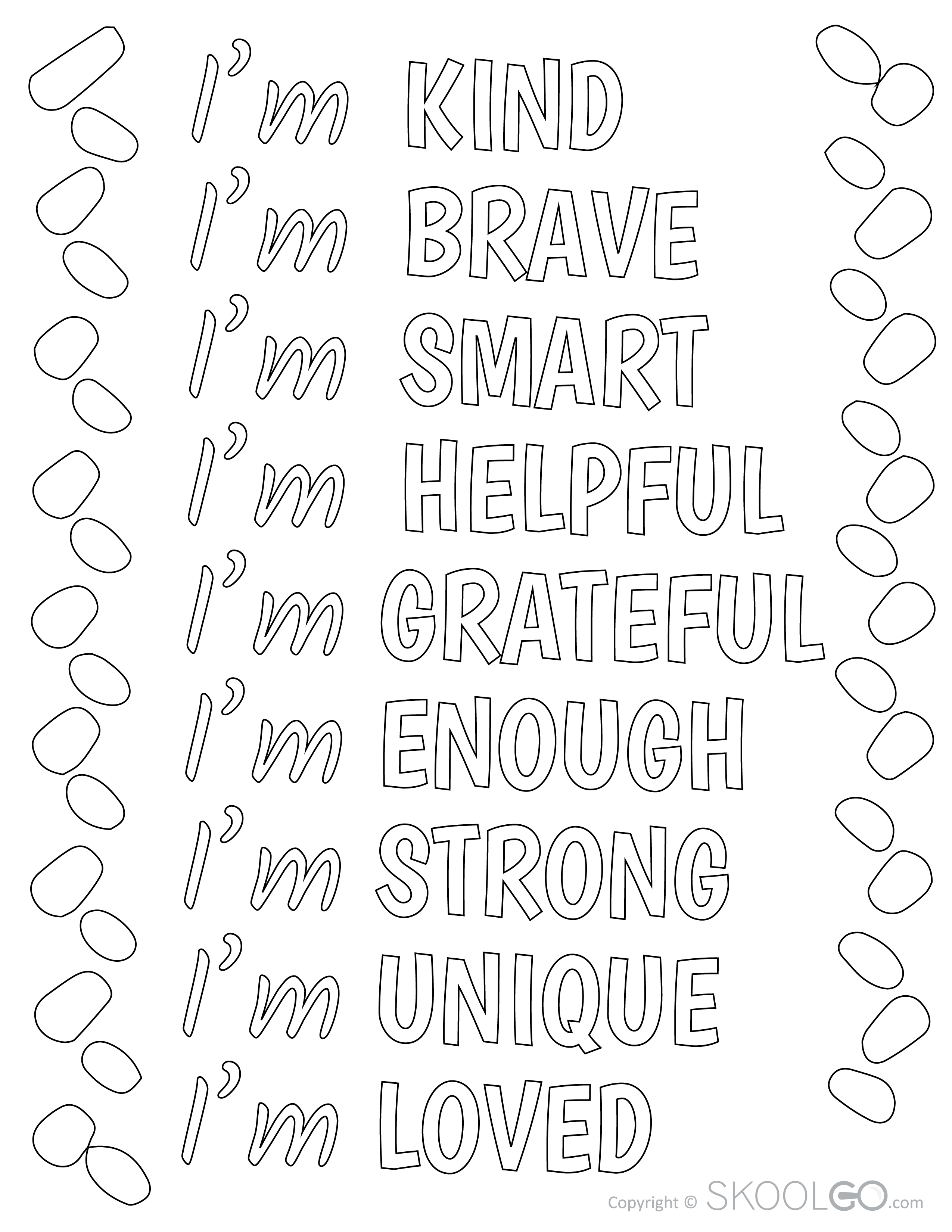 I Am Kind Brave Smart Helpful Grateful Enough Strong Unique Loved - Free Coloring Version Poster