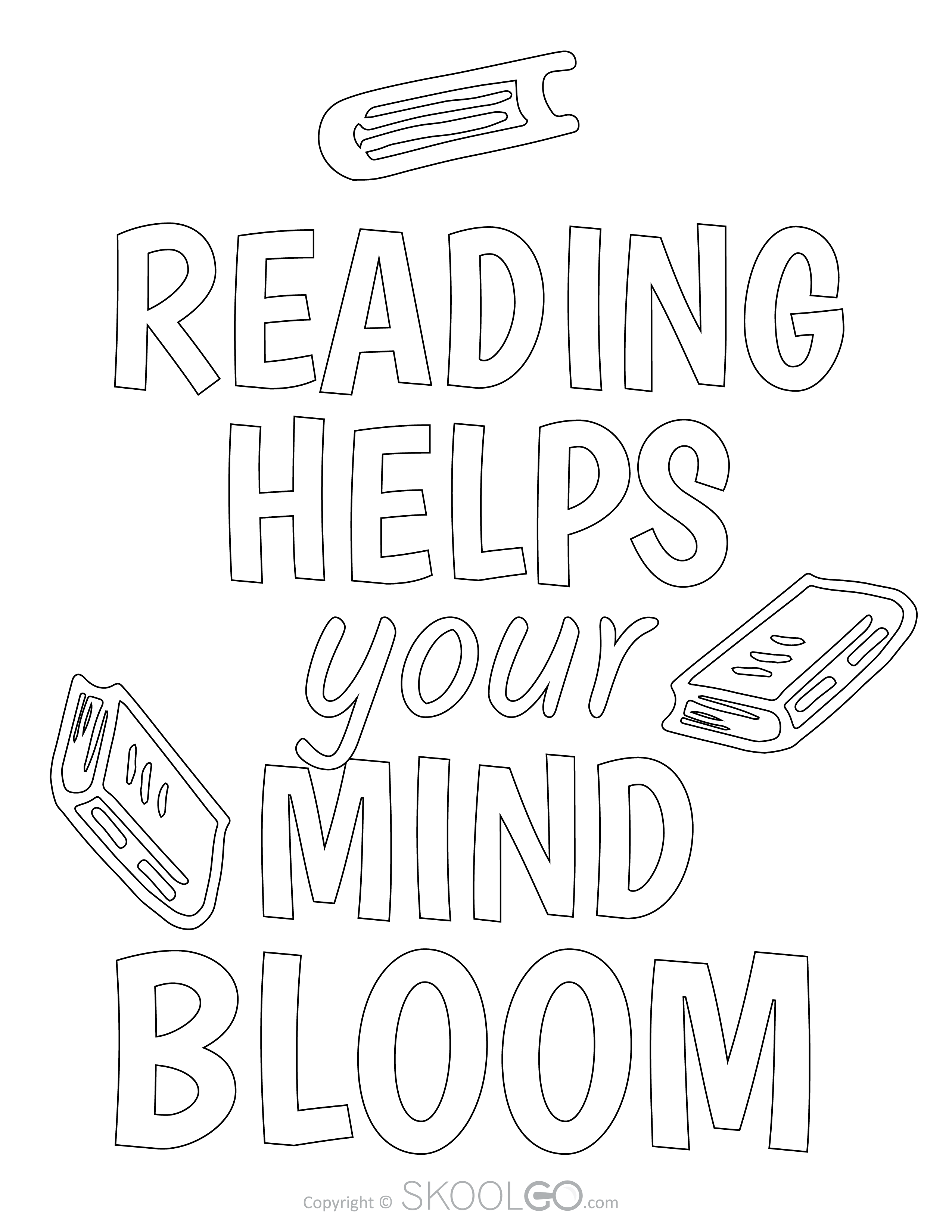 Reading Helps Your Mind Bloom - Free Coloring Version Poster