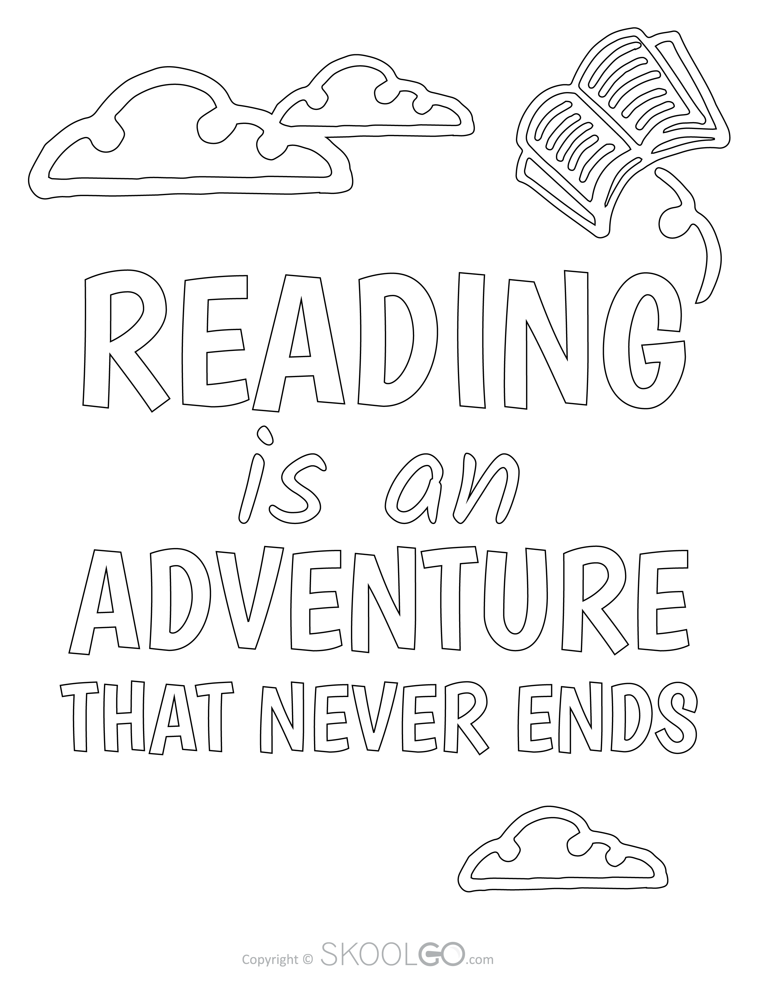 Reading is an Adventure That Never Ends - Free Coloring Version Poster