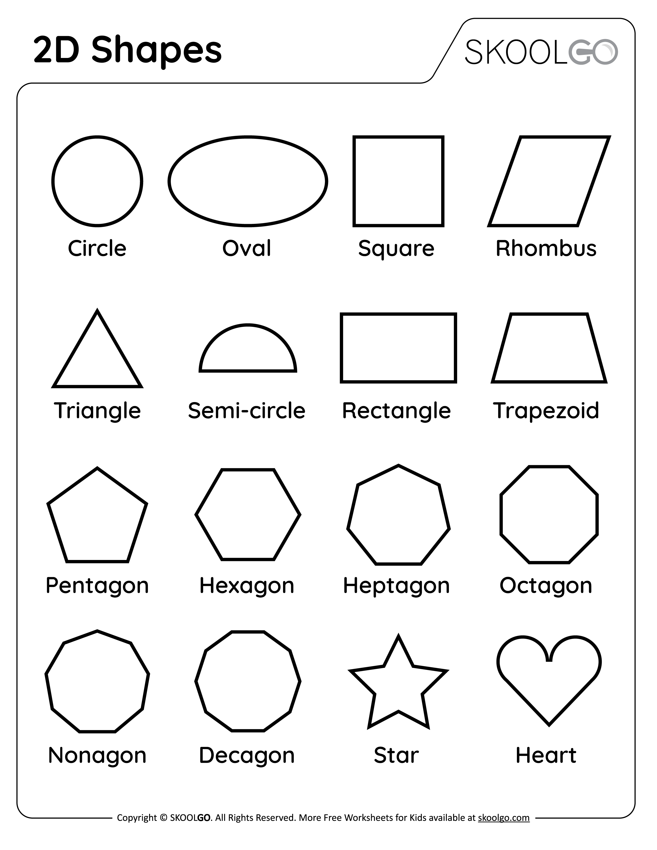 2D Shapes - Free Black and White Worksheet for Kids