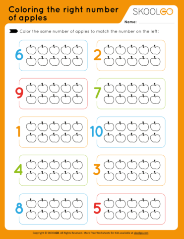 Free Coloring the Right Number of Apples Worksheet for kids
