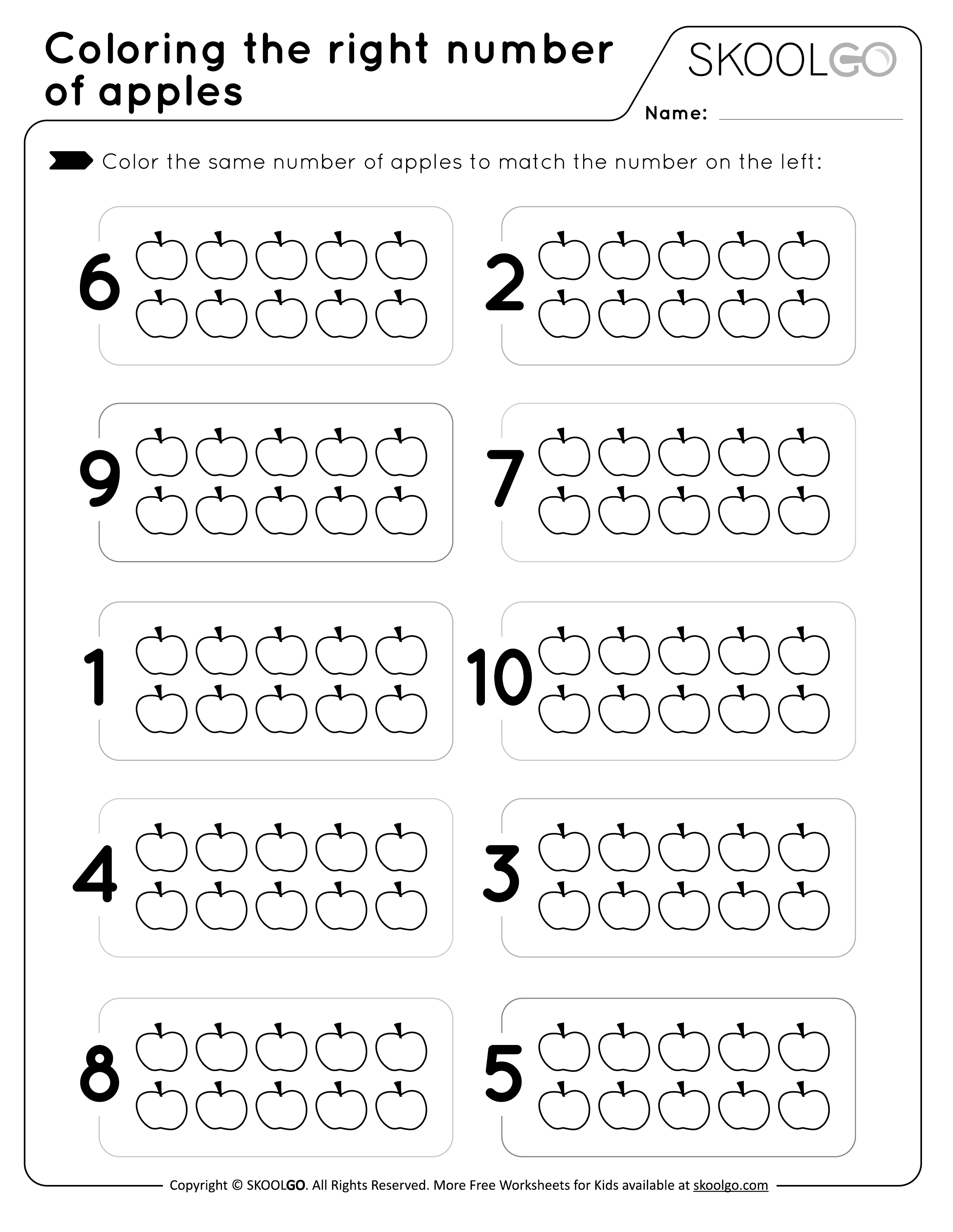 Free Coloring the Right Number of Apples Worksheet for Kids - Black and White version