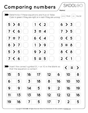 Free Comparing Numbers Worksheet for Kids - Black and White version