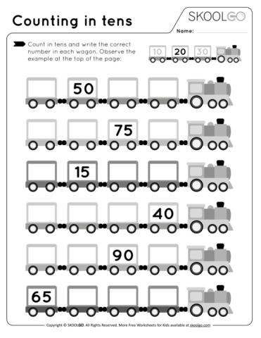 Free Counting in Tens Worksheet for Kids - Black and White version