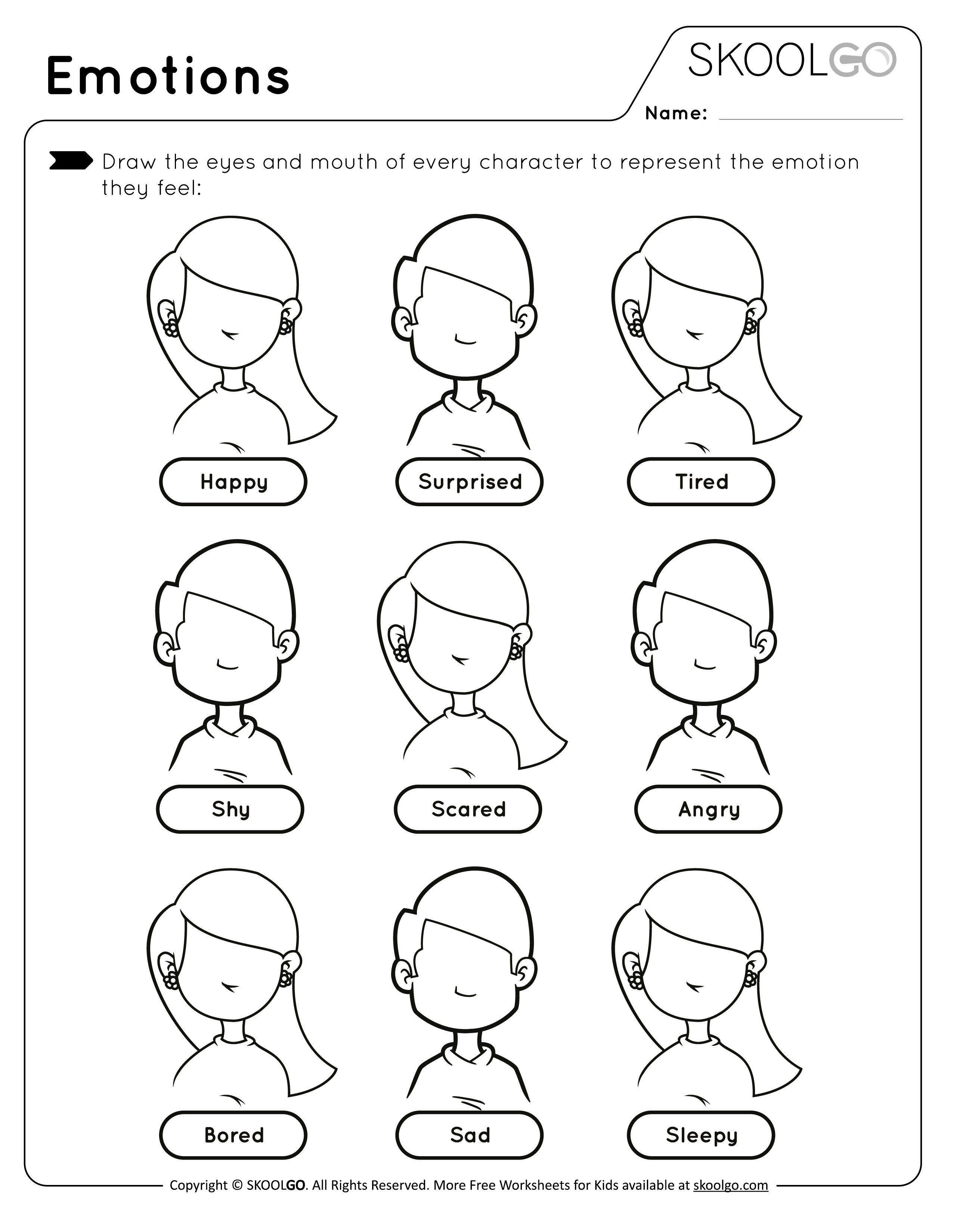 Free Emotions Worksheet for Kids - Black and White version
