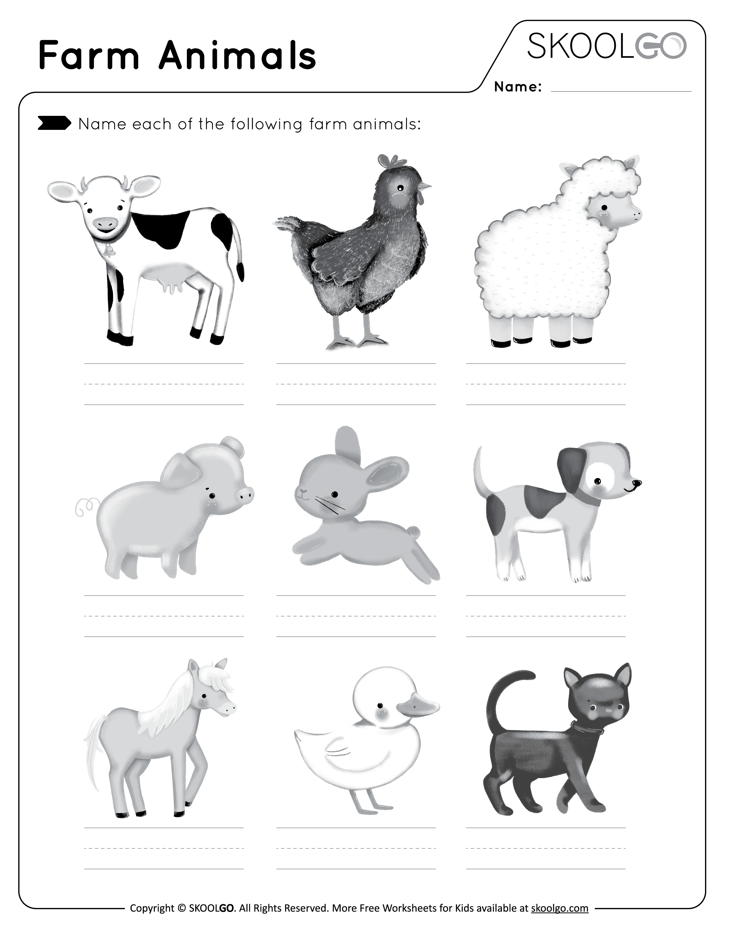 Farm Animals - Free Black and White Worksheet Activity for Kids