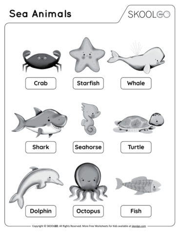 Sea Animals - Free Black and White Worksheet for Kids