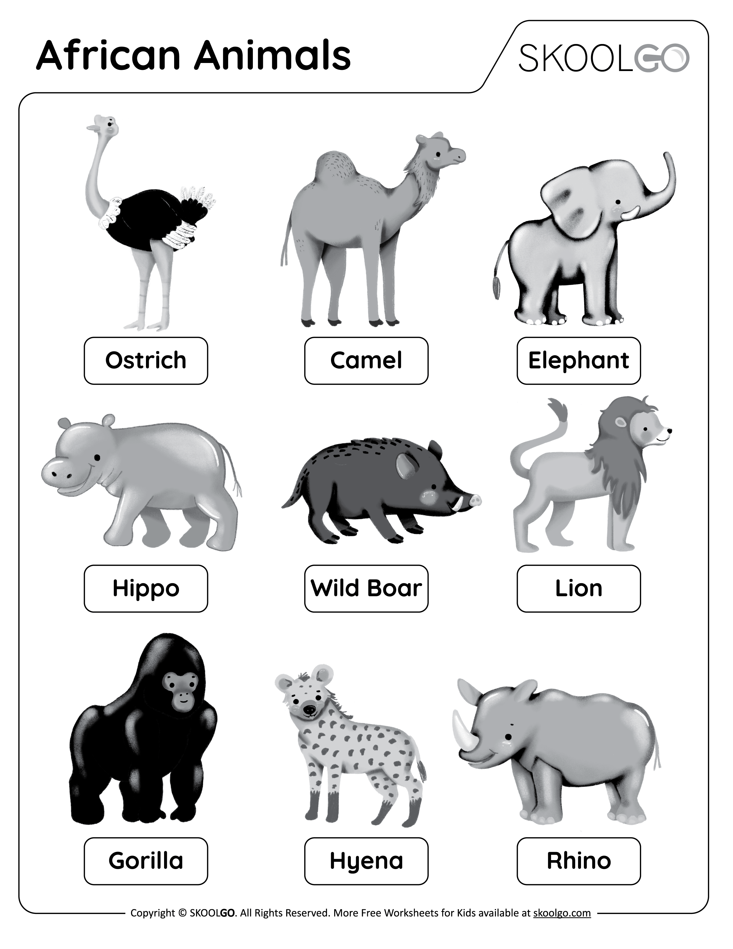 African Animals - Free Worksheet for Kids - Black and White