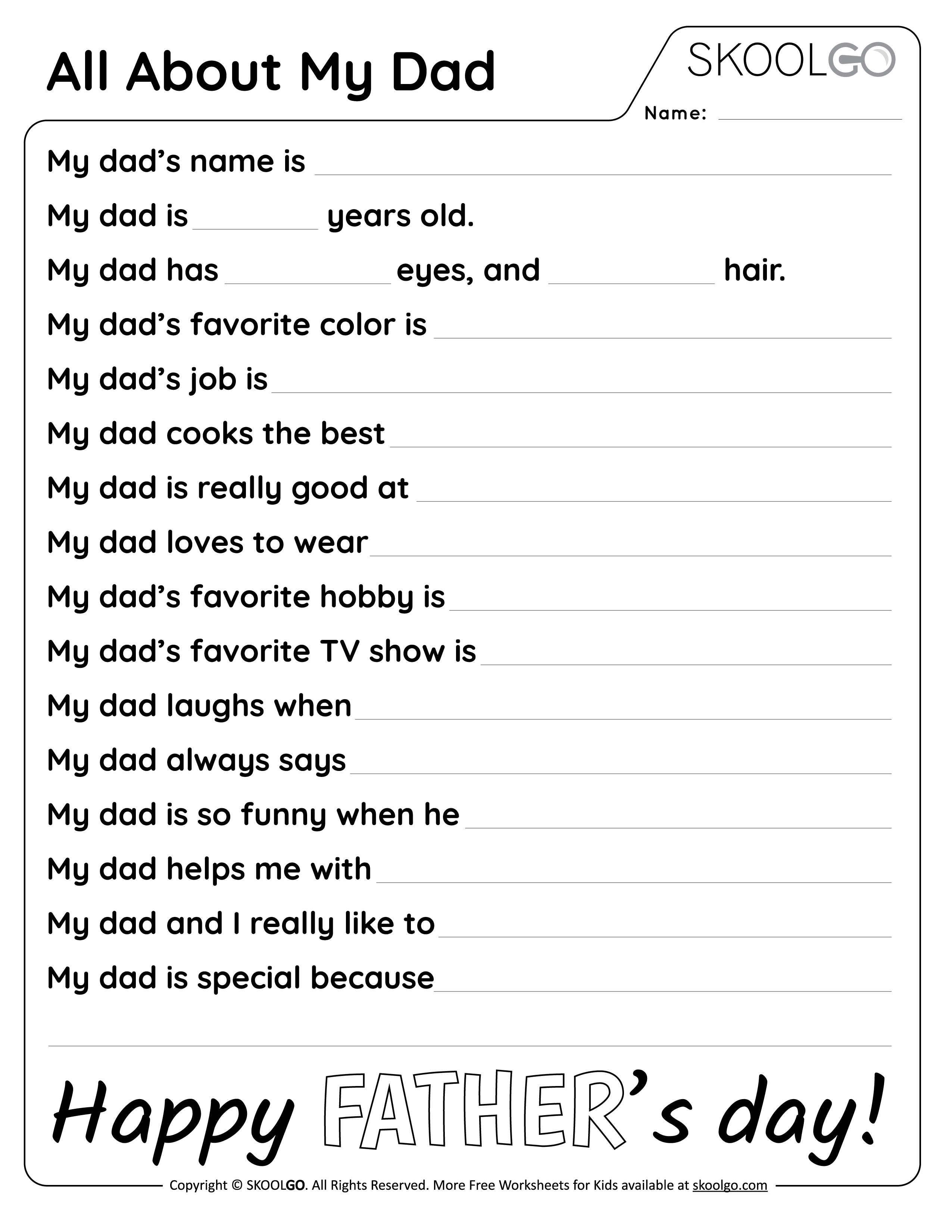 All About My Dad 1 - Free Worksheet for Kids - Black and White