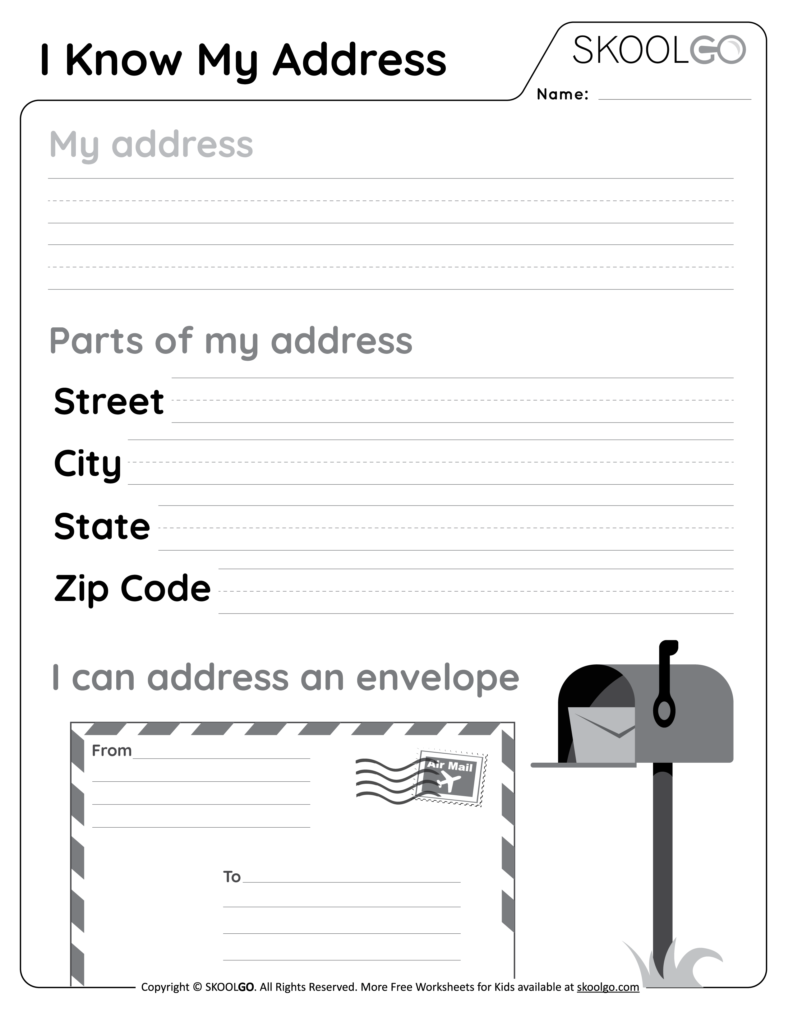 I Know My Address - Free Worksheet for Kids - Black and White