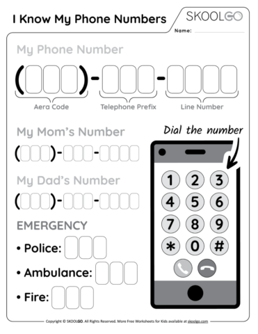I Know My Phone Numbers - Free Worksheet for Kids - Black and White