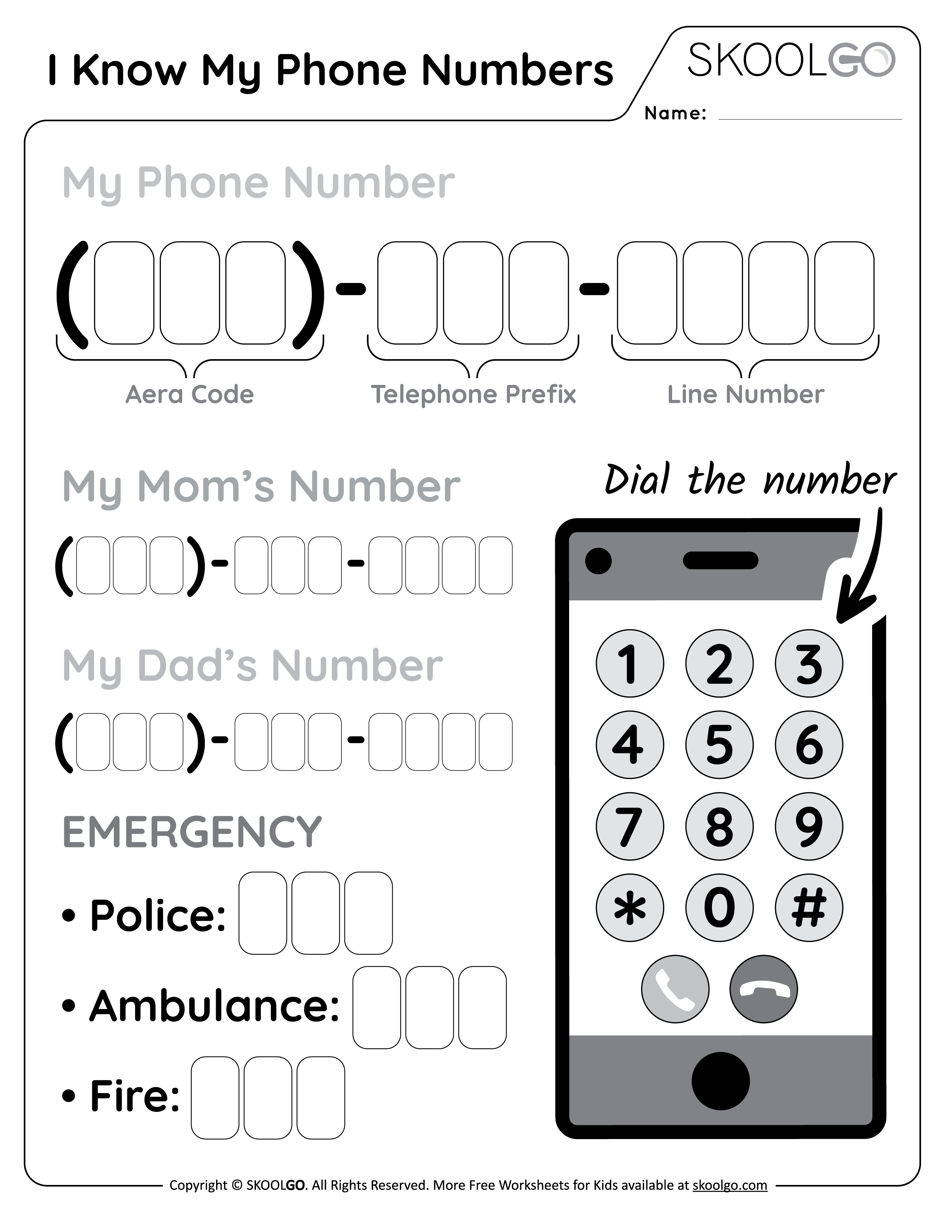 I Know My Phone Numbers - Free Worksheet for Kids - Black and White