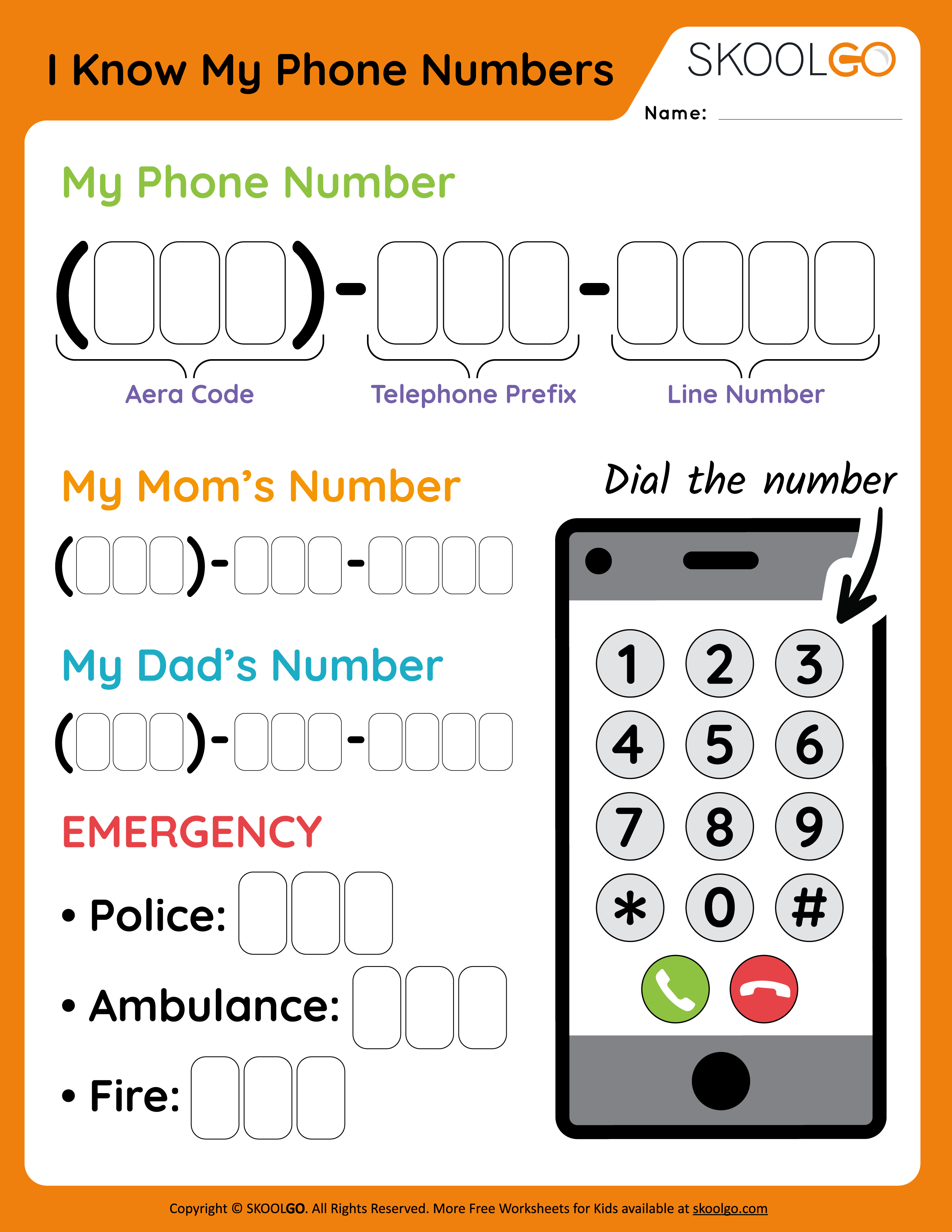 I Know My Phone Numbers - Free Worksheet for Kids