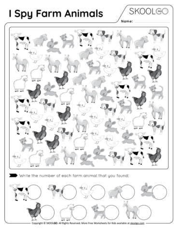I Spy Farm Animals - Free Worksheet for Kids - Black and White