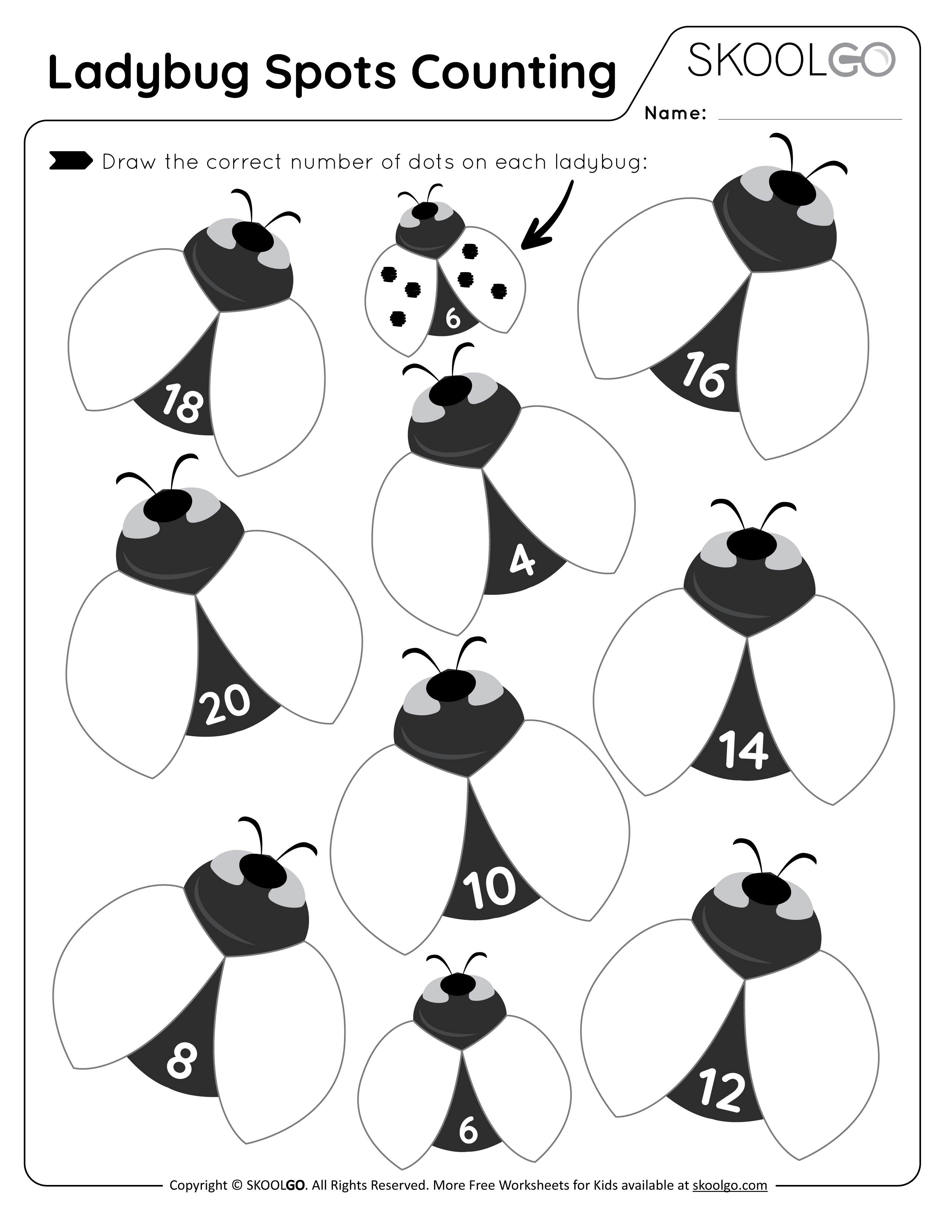 Ladybug Spots Counting - Free Worksheet for Kids - Black and White