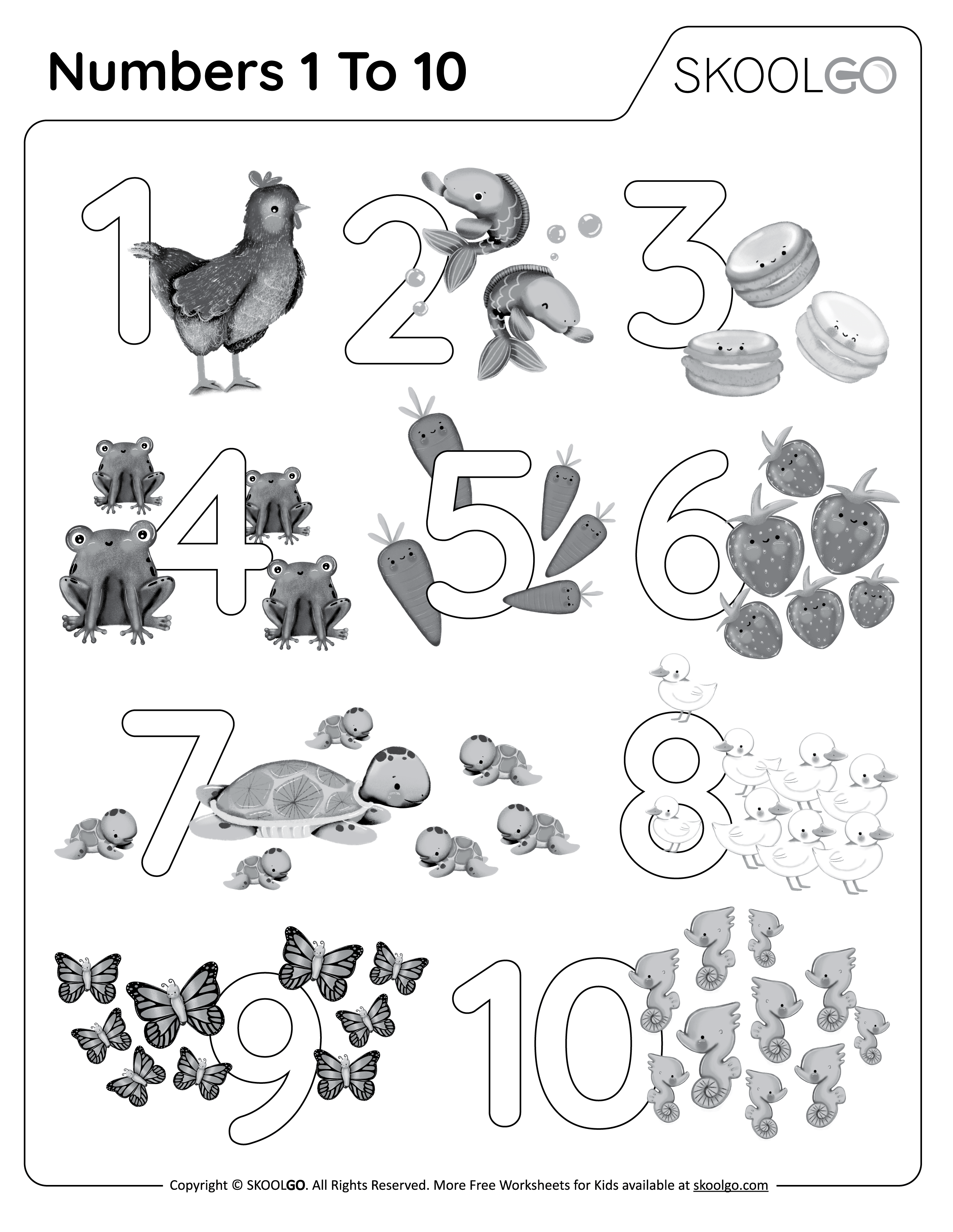 Number 1 to 10 - Free Worksheet for Kids - Black and White