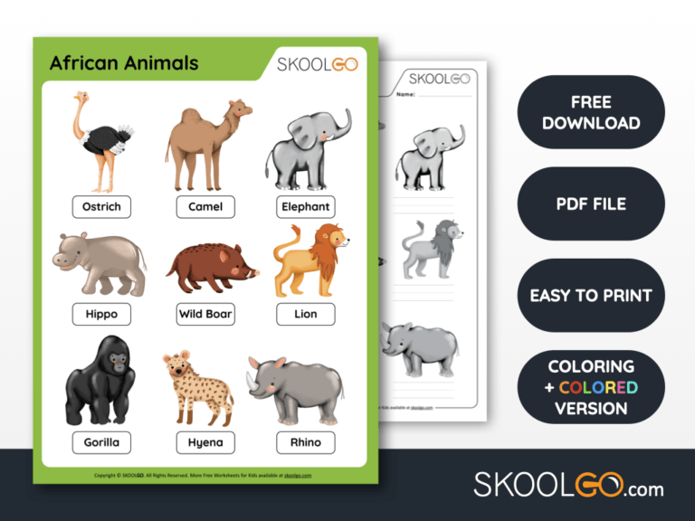 Free Worksheet for Kids - African Animals - SKOOLGO