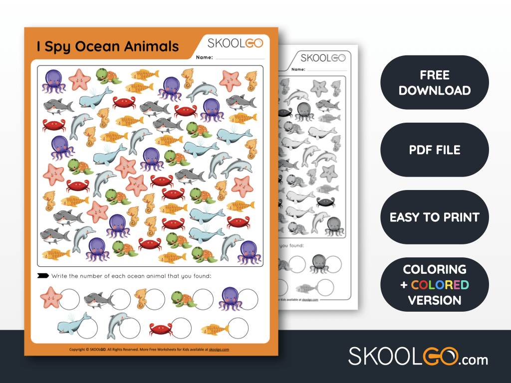Free Worksheet for Kids - I Spy Ocean Animals - SKOOLGO