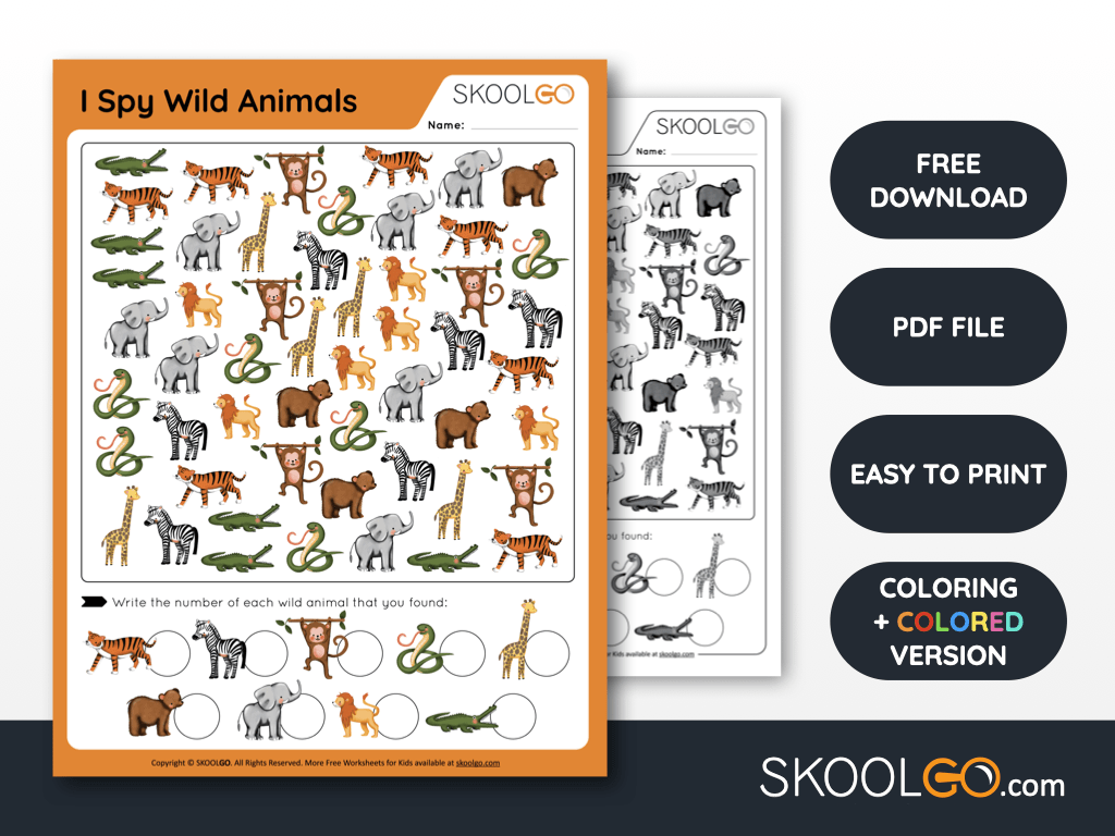 Free Worksheet for Kids - I Spy Wild Animals - SKOOLGO