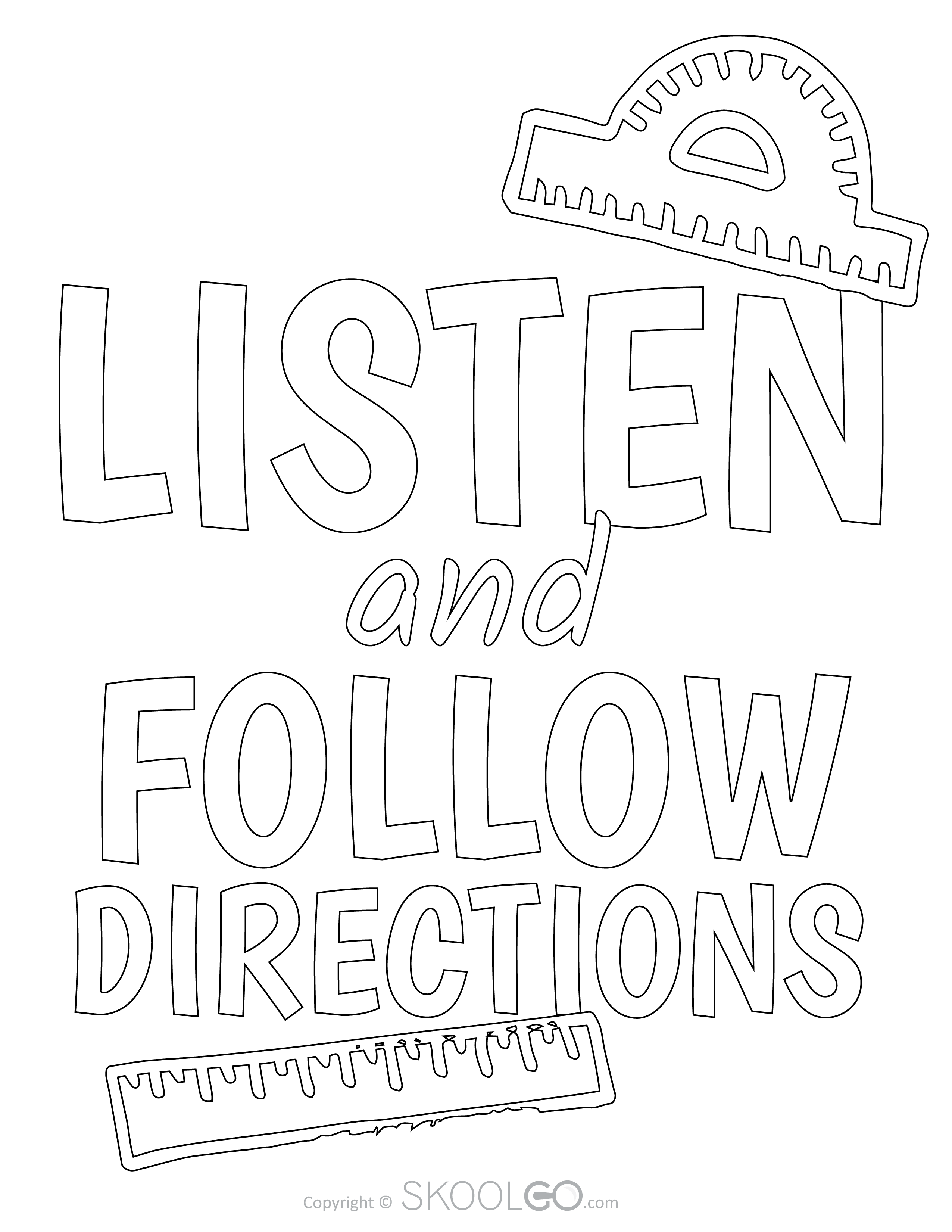 Listen And Follow Directions - Free Classroom Poster Coloring Version