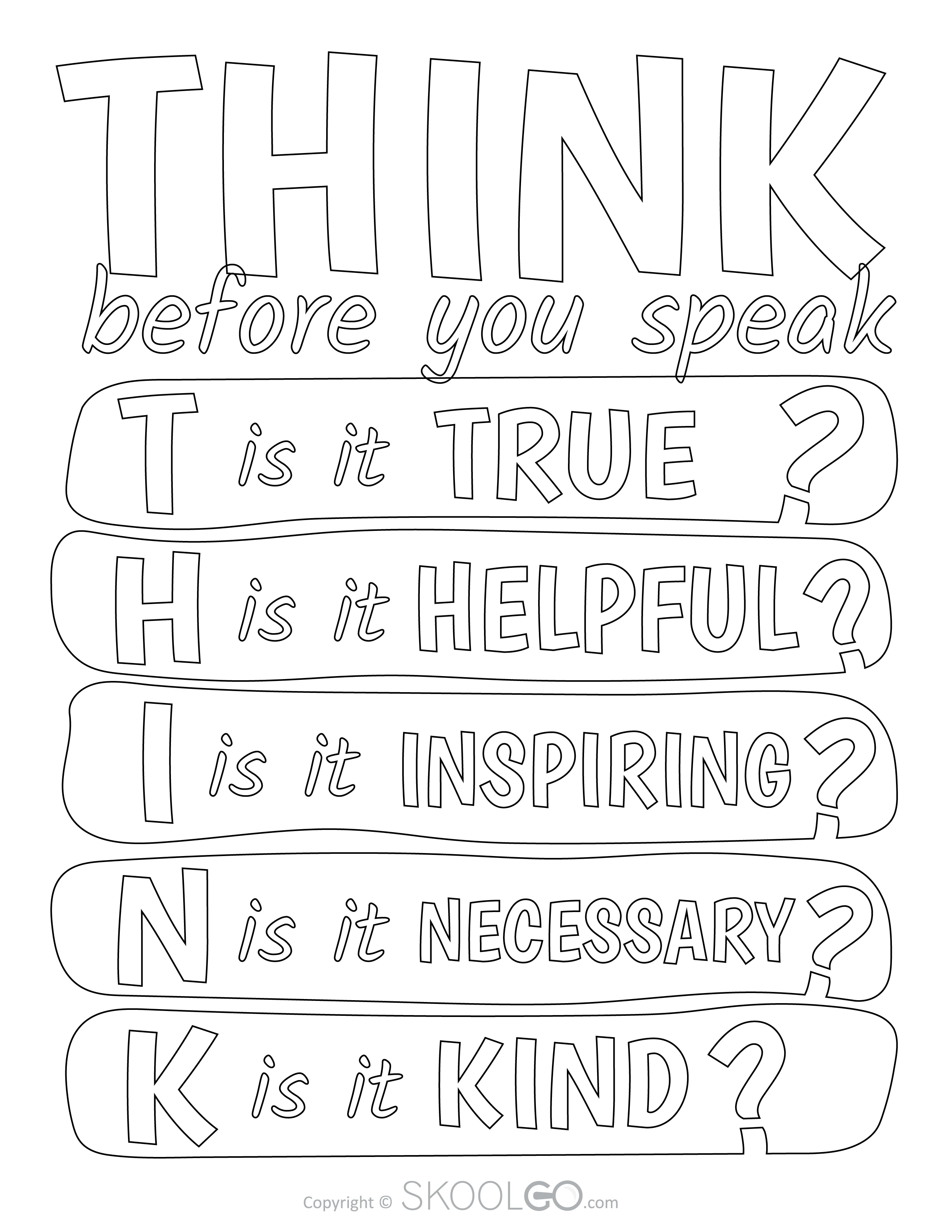 Think Before You Speak - Free Classroom Poster Coloring Version